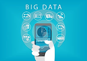 Hand holding smart phone with mobile data analysis dashboard for big data. Concept of different businesses