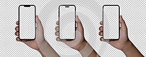 Hand holding smart phone Mockup and screen Transparent, Clipping Path  for Infographic Business