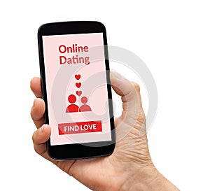 Hand holding smart phone with online dating app mock up on scree