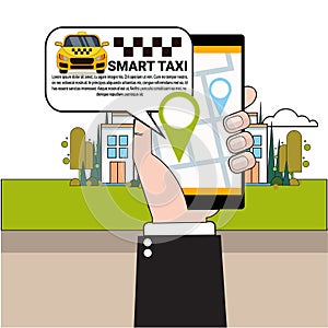 Hand Holding Smart Phone Ordering Taxi Car With Mobile App