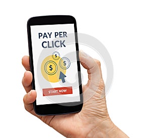 Hand holding smart phone with Pay Per Click concept on screen