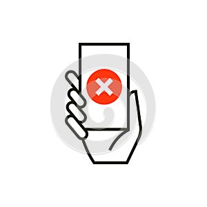 Hand holding smart phone with rejection icon on screen