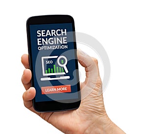 Hand holding smart phone with SEO concept on screen
