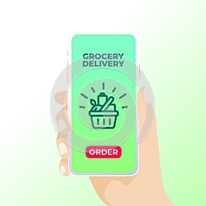 A hand holding smart phone that shows grocery basket.