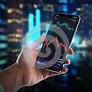 Hand holding smart phone with stock market chart on screen over blurred city background