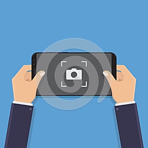 Hand holding smart phone, take pictures, flat design vector