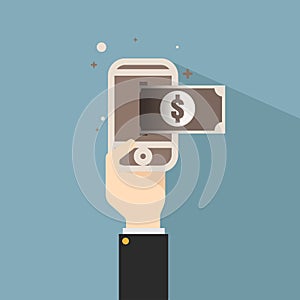 Hand holding smart phone transfer money. on gray background