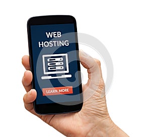 Hand holding smart phone with web hosting concept on screen