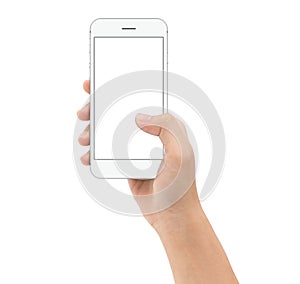 hand holding smart phone on white background clipphing path inside, mock-up phone white screen