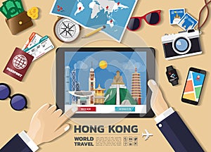Hand holding smart tablet booking travel destination.Hong kong famous places.Vector concept banners in flat style with the set of