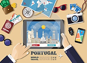 Hand holding smart tablet booking travel destination.Portugal famous places.Vector concept banners in flat style with the set of