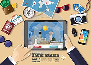 Hand holding smart tablet booking travel destination.Saudi Arabia famous places.Vector concept banners in flat style with the set