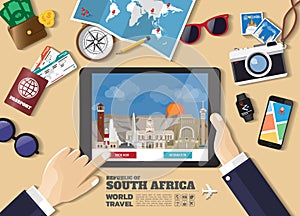 Hand holding smart tablet booking travel destination.South africa famous places.Vector concept banners in flat style with the set