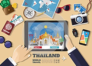 Hand holding smart tablet booking travel destination.Thailand famous places.Vector concept banners in flat style with the set of