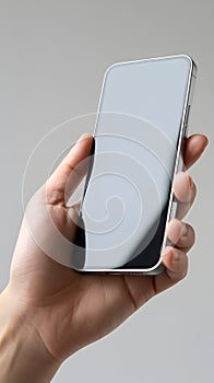 Hand Holding Smartphone on Gradient Gray Background