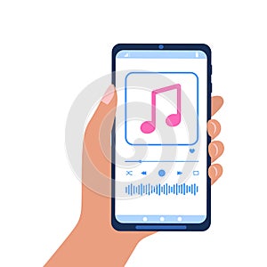 Hand holding smartphone with audio player interface on screen. Playlist mobile app. Listening podcast, music or online