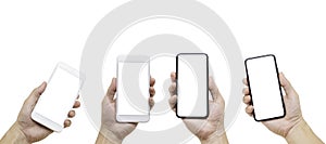 Hand holding smartphone with blank screen isolated on white background  set of collection modern phone