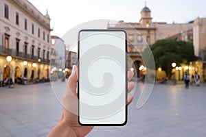 Hand holding smartphone with blank white screen mockup over European city old town background