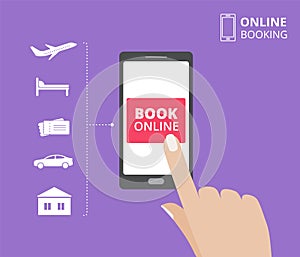 Hand holding smartphone with book button on screen. Online booking design concept. hotel, flight, car, tickets.