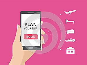 Hand holding smartphone with book button on screen. Online booking design elements, hotel, flight, car, tickets