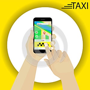 Hand holding smartphone booking taxi. Finger pressing the button