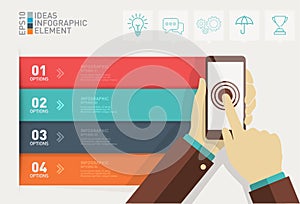 Hand holding smartphone with business infographic, flat design style illustration
