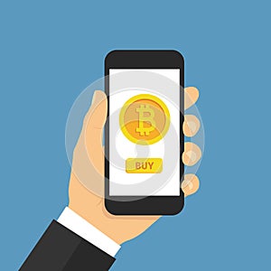 Hand holding smartphone with buy bitcoin. Online crypto payment concept. Flat style - stock vector