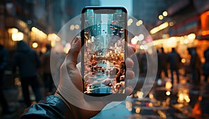 Hand holding smartphone captures illuminated city nightlife in close up photograph generated by AI