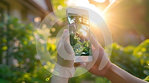 Hand holding smartphone capturing sunlight in green garden. Modern technology meets nature. Perfect for tech and