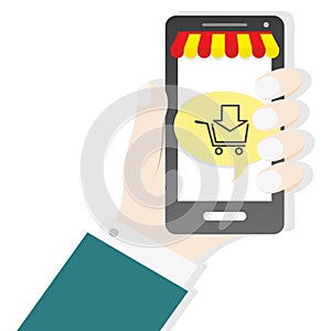 Hand holding smartphone cart icon commerce shop concept bussines background photo