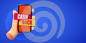 Hand holding smartphone with cashback label. Money back. Online shopping.