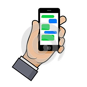 Hand Holding a Smartphone with Chat Bubbles on Phone Screen. Vector