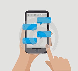 Hand holding smartphone. Chating concept. Online communication. Vector illustration.