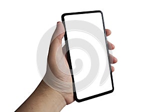 Hand holding a smartphone with copy space on white background