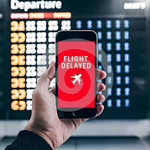 Hand Holding Smartphone at Departure Board red screen displays FLIGHT DELAYED photo
