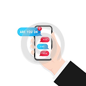 Hand holding smartphone with dialog window illustration. Are you ok message. Bubble speech. Dialogues mockup. Vector EPS 10.