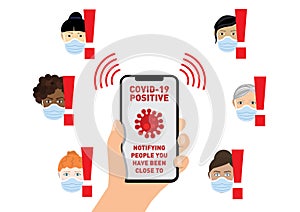 Hand holding a smartphone displaying a covid-19 coronavirus contact tracing app vector