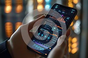 Hand holding smartphone displaying digital data and futuristic interface elements graphical representations