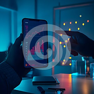 Hand holding smartphone displaying financial graph data with analytics