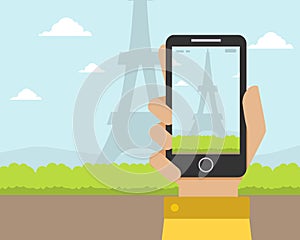 Hand Holding Smartphone with Eiffel Tower on the Screen Vector Illustration