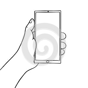 Hand holding smartphone, empty screen with shadow, mobile phone mockup, application on touch screen device. Person using