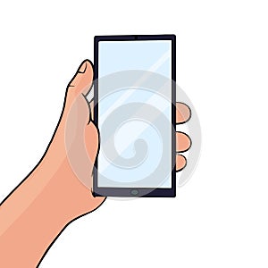 Hand holding smartphone, empty screen with shadow, mobile phone mockup, application on touch screen device. Person using