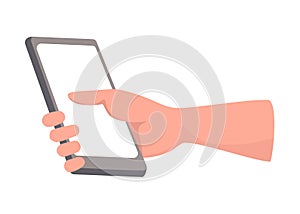 Hand holding smartphone with empty screen with space for text or label vector flat illustration. Phone in man arm.