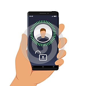 Hand Holding Smartphone with Face ID or Facial Recognition App on Its Screen