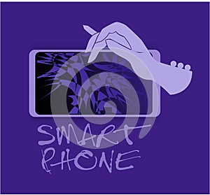 Hand holding smartphone and finger touch on screen. Mobile phone isolated. Vector illustration.