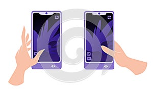 Hand holding smartphone and finger touch on screen. Mobile phone isolated. Vector illustration.