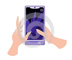 Hand holding smartphone and finger touch on screen. Mobile phone isolated. Vector illustration.