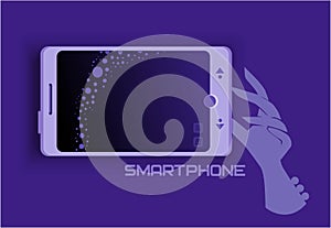 Hand holding smartphone and finger touch on screen. Mobile phone isolated. Vector illustration.