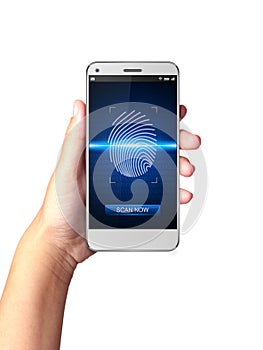 Hand holding Smartphone with Fingerprint scanners photo