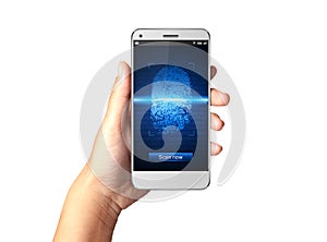 Hand holding Smartphone with Fingerprint scanners on display. photo